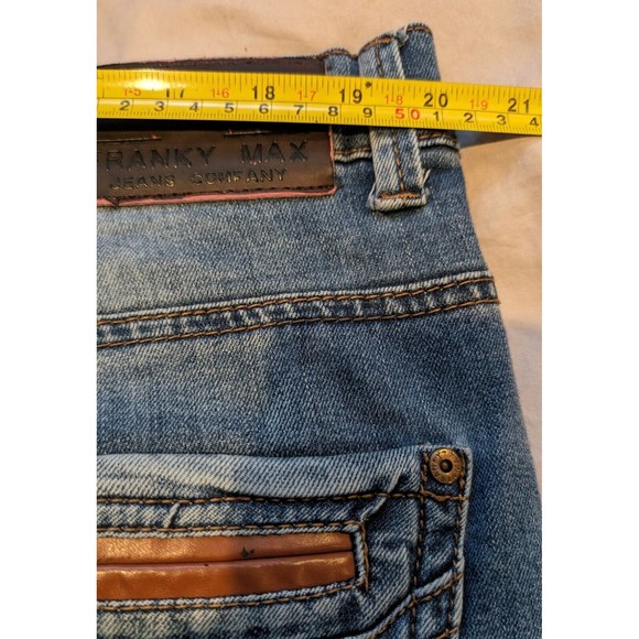 Franky Max Distressed Denim Blue Jeans 38x32 Embroidered Pockets Leather Trim - Picture 11 of 14